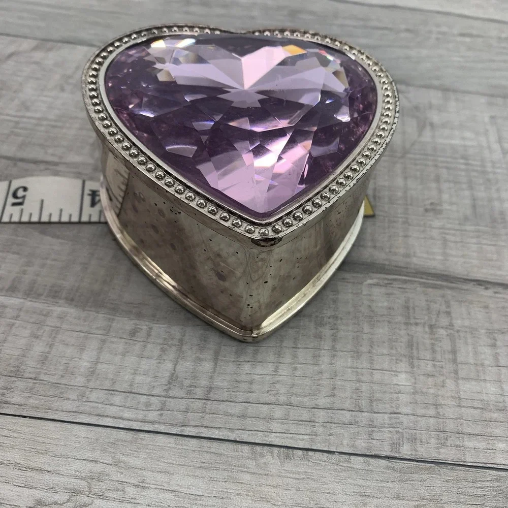 Vintage Round Pink Heart Faceted Glass Silver Tone Jewelry/Trinket Box - Picture 7 of 8